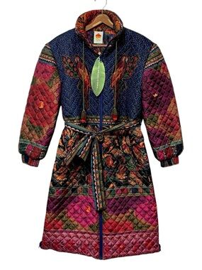 NWT FARM RIO Patchwork Midi Puffer Coat Reversible Quilted Parrot Size Small